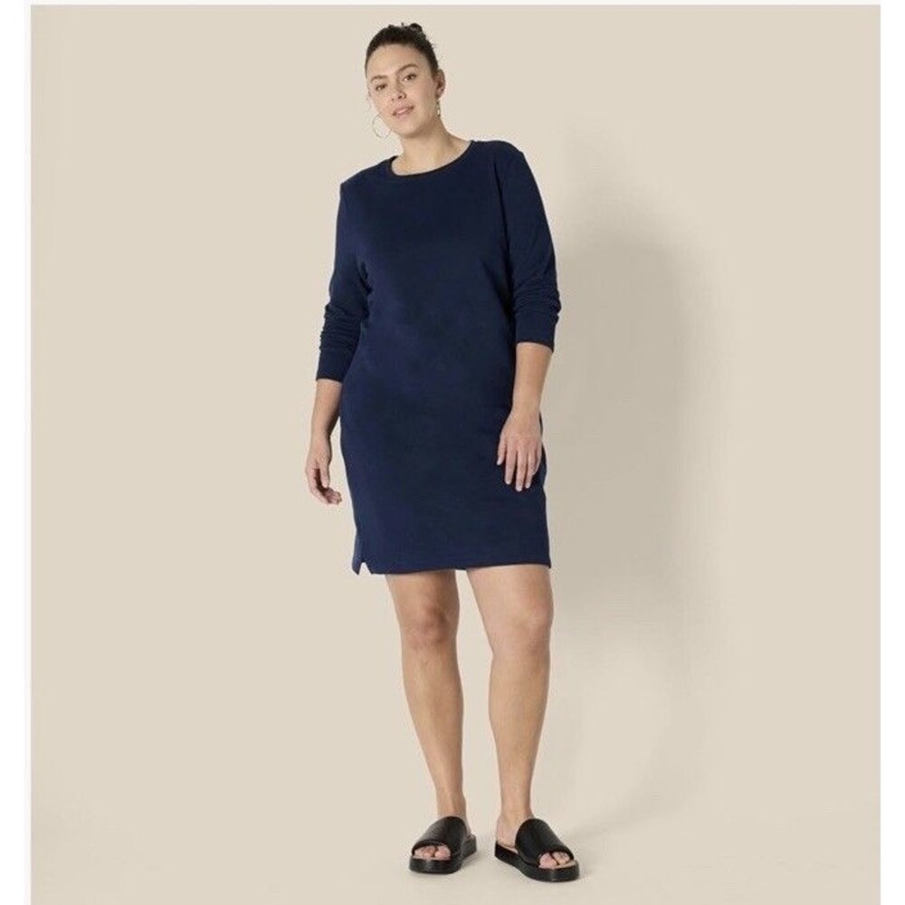 Nee WOMEN'S CREWNECK LONG-SLEEVE FLEECE ABOBE-THE-KNEE SWEATSHIRT DRESS NAVY XL
